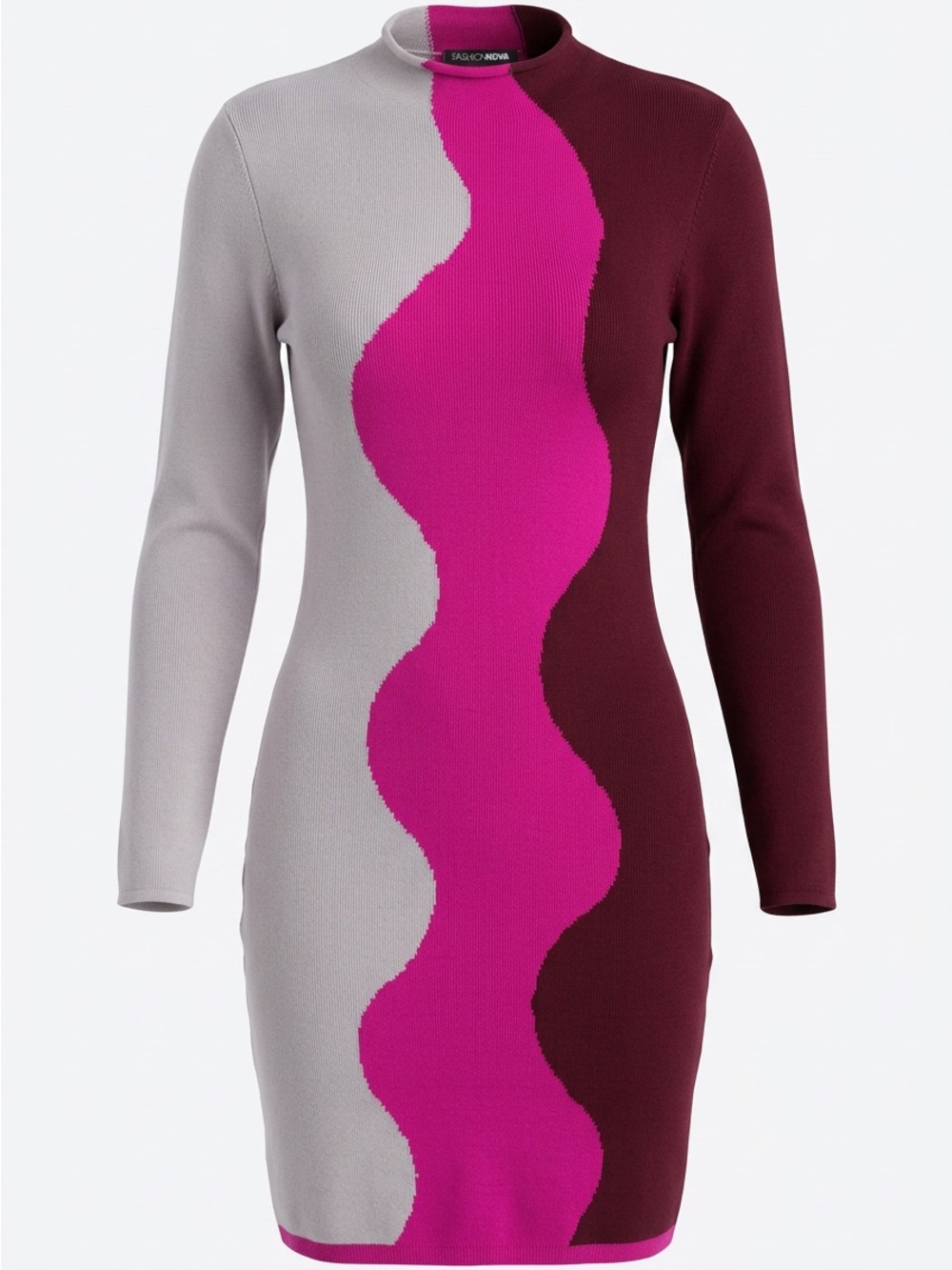 Fashion Nova Long-Sleeve Wave Knit Dress in Gray, Magenta & Burgundy
